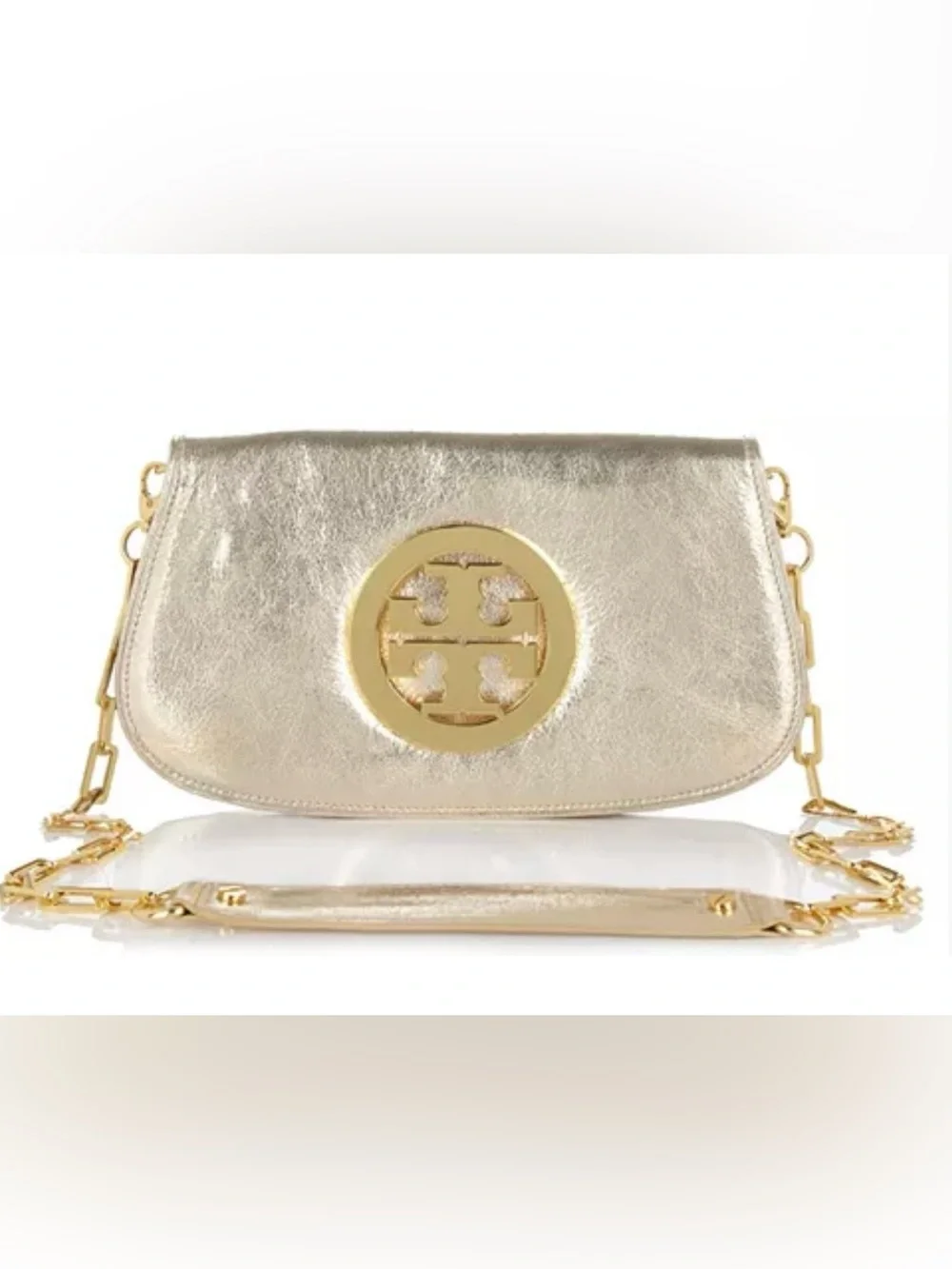 Tory Burch Gold Metallic Leather Clutch & Crossbody Bag